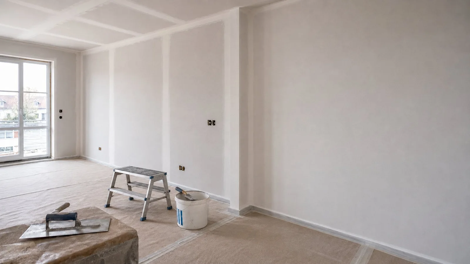 Vorbereitete Wand- und Deckenflächen in einem hellen Innenraum